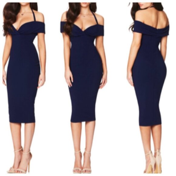 Nookie Athena Off Shoulder Halter Midi Dress Sz Xtra Small in Navy Blue - Picture 1 of 9